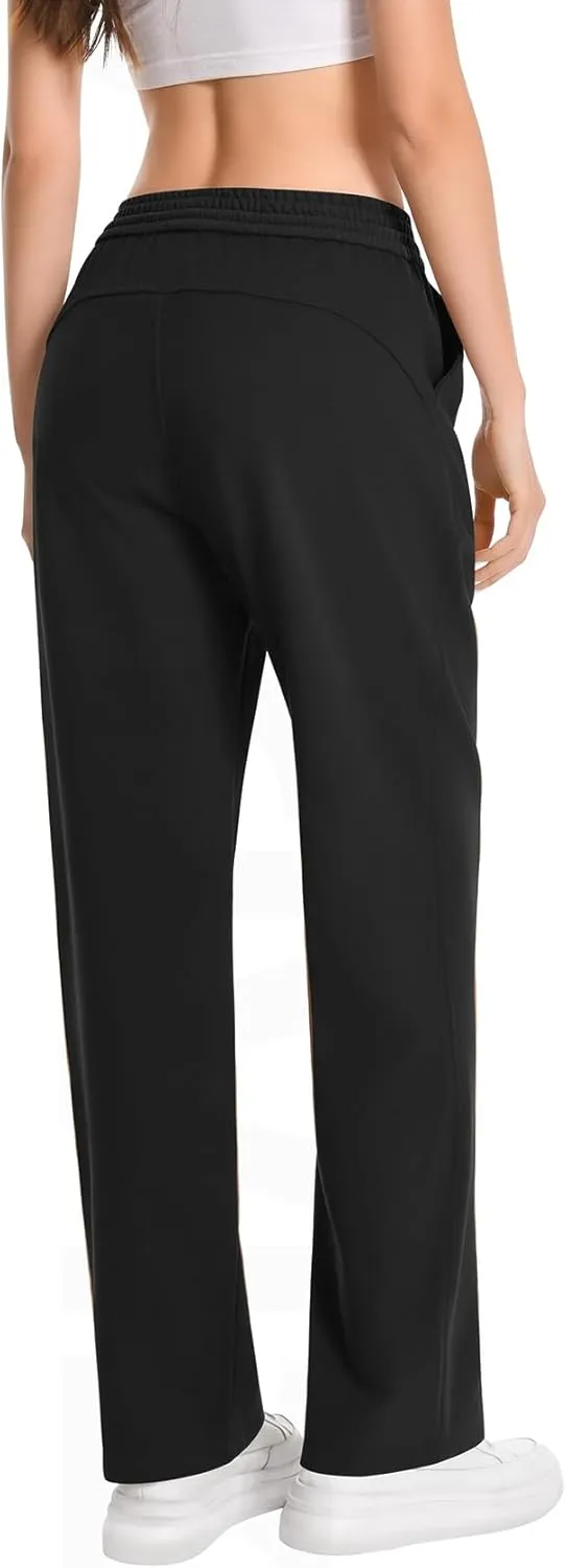 Auriviz Widen Waistband Sweat Pants for Women Exposed Pockets Lounge Sweatpants Straight Leg Pants 29 Inseam
