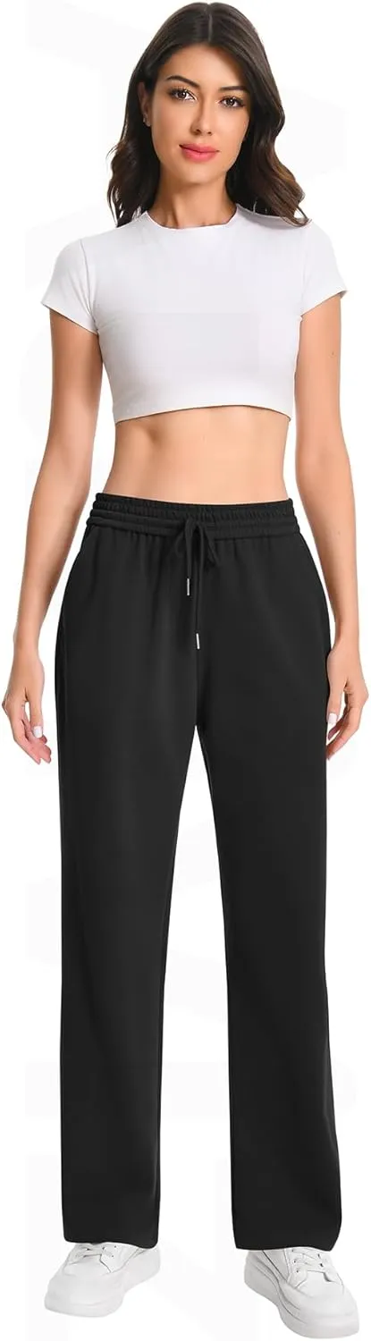 Auriviz Widen Waistband Sweat Pants for Women Exposed Pockets Lounge Sweatpants Straight Leg Pants 29 Inseam