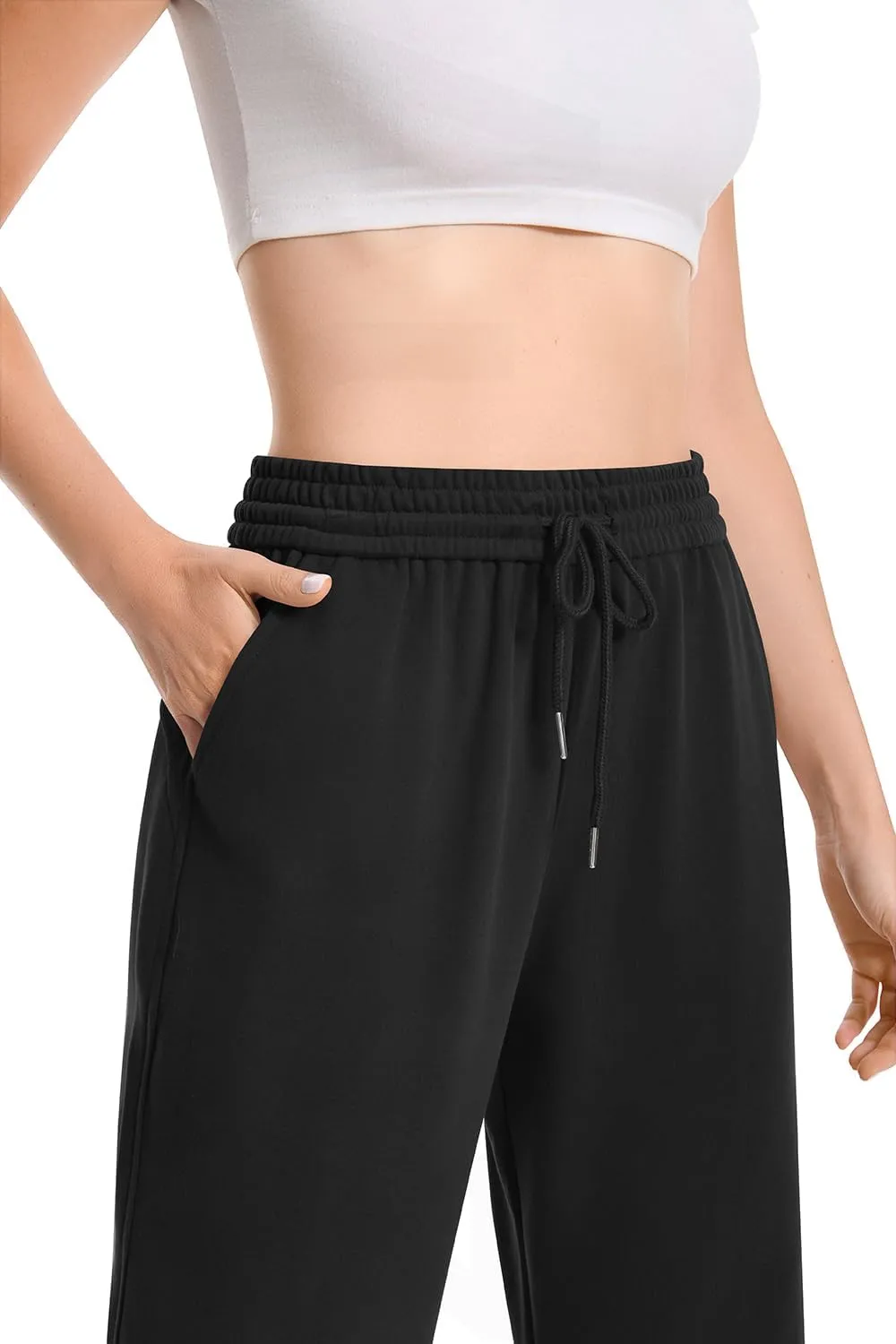 Auriviz Widen Waistband Sweat Pants for Women Exposed Pockets Lounge Sweatpants Straight Leg Pants 29 Inseam