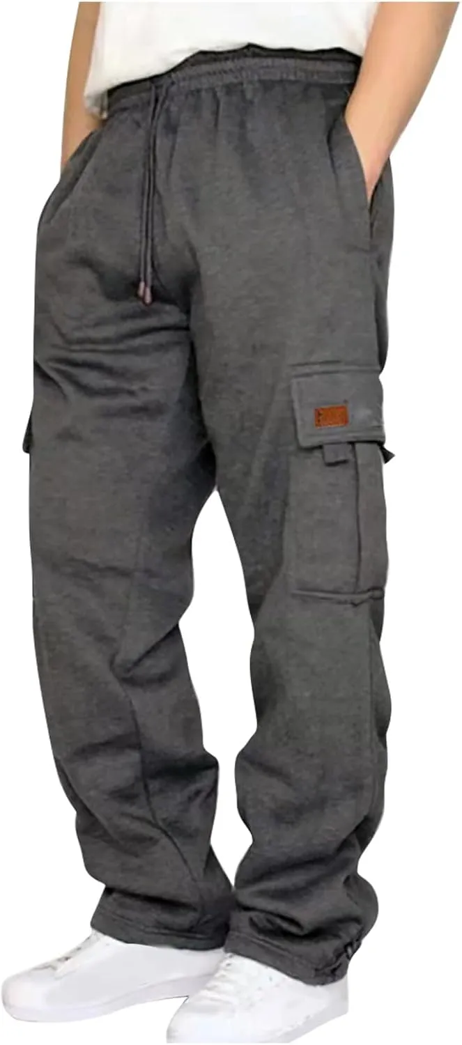 Casual Cargo Sweatpants for Men Plus Size Drawstring Waist Open Bottom Sweatpants Baggy Lounge Pants with Pockets