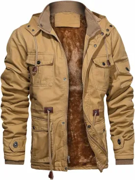 CHEXPEL Men's Thick Winter Jackets with Hood Fleece Lining Cotton Military Jackets Work Coats with Cargo Pockets Outwear