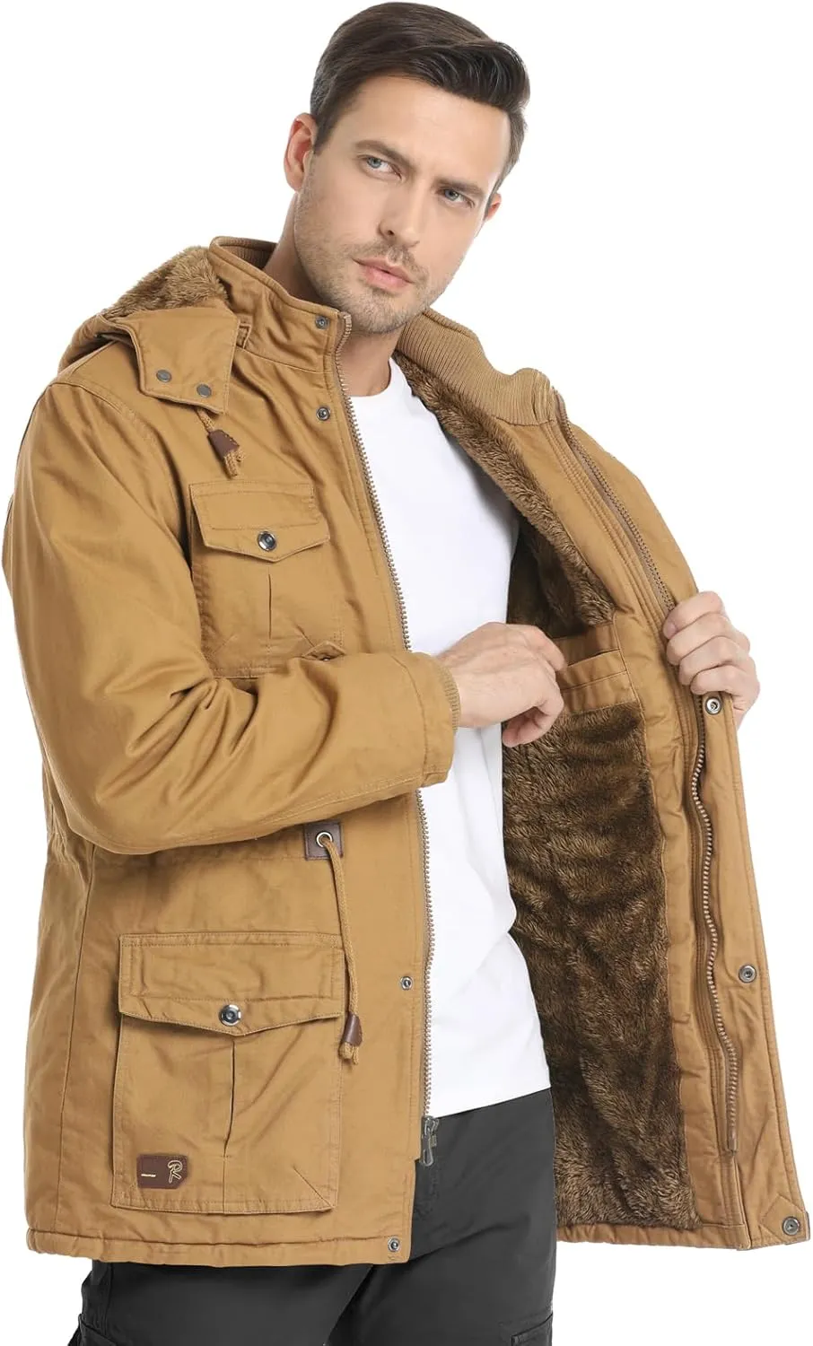 CHEXPEL Men's Thick Winter Jackets with Hood Fleece Lining Cotton Military Jackets Work Coats with Cargo Pockets Outwear