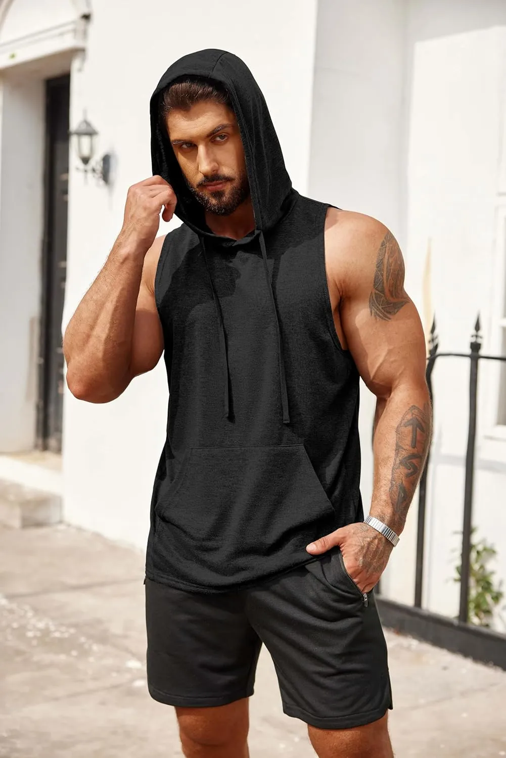 COOFANDY Men's Workout Hooded Tank Tops Bodybuilding Muscle Cut Off T Shirt Sleeveless Gym Hoodies