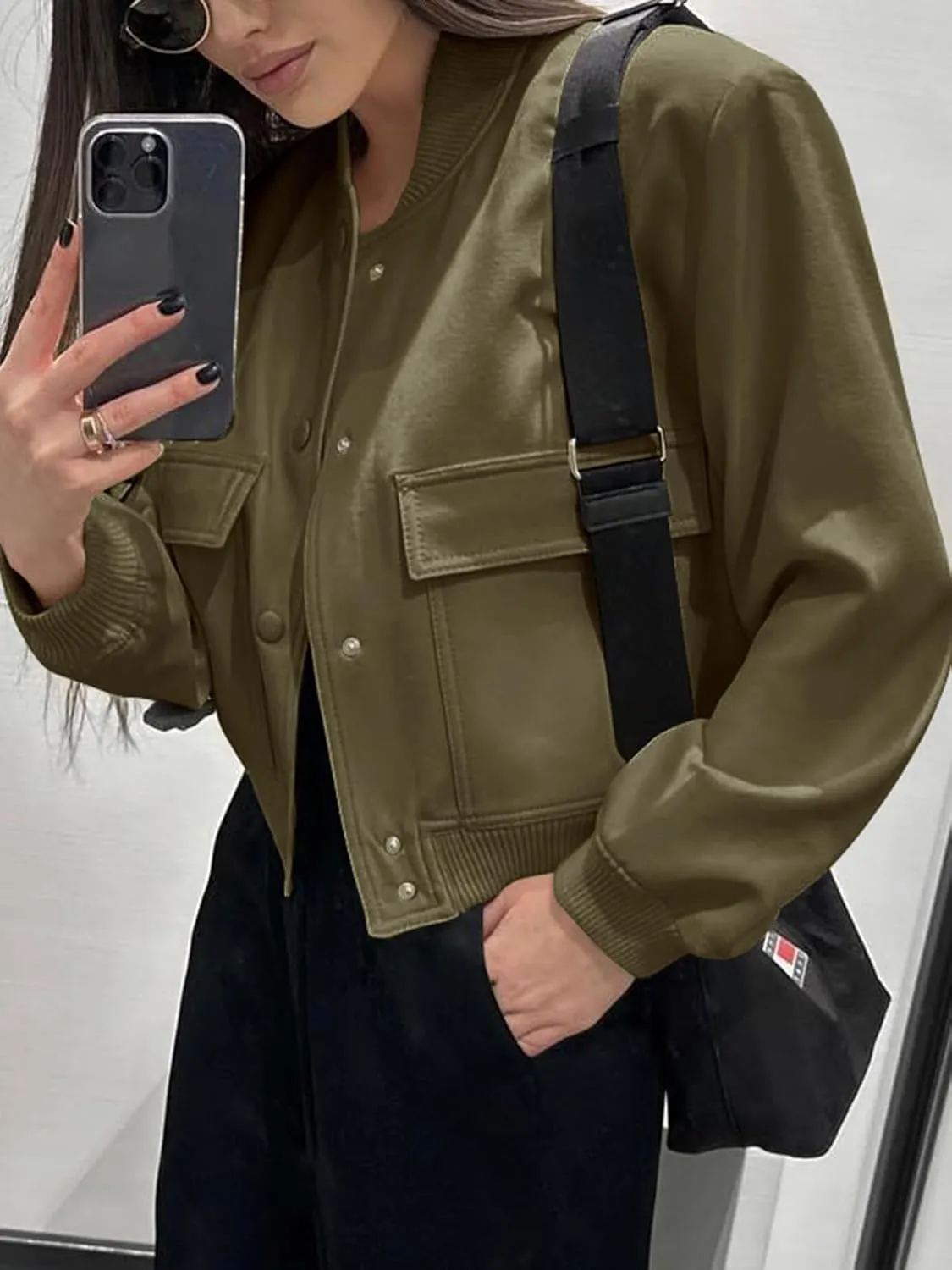 Fisoew Womens Cropped Bomber Jackets Casual Button Down Long Sleeve Stand Collar Coats with Pockets