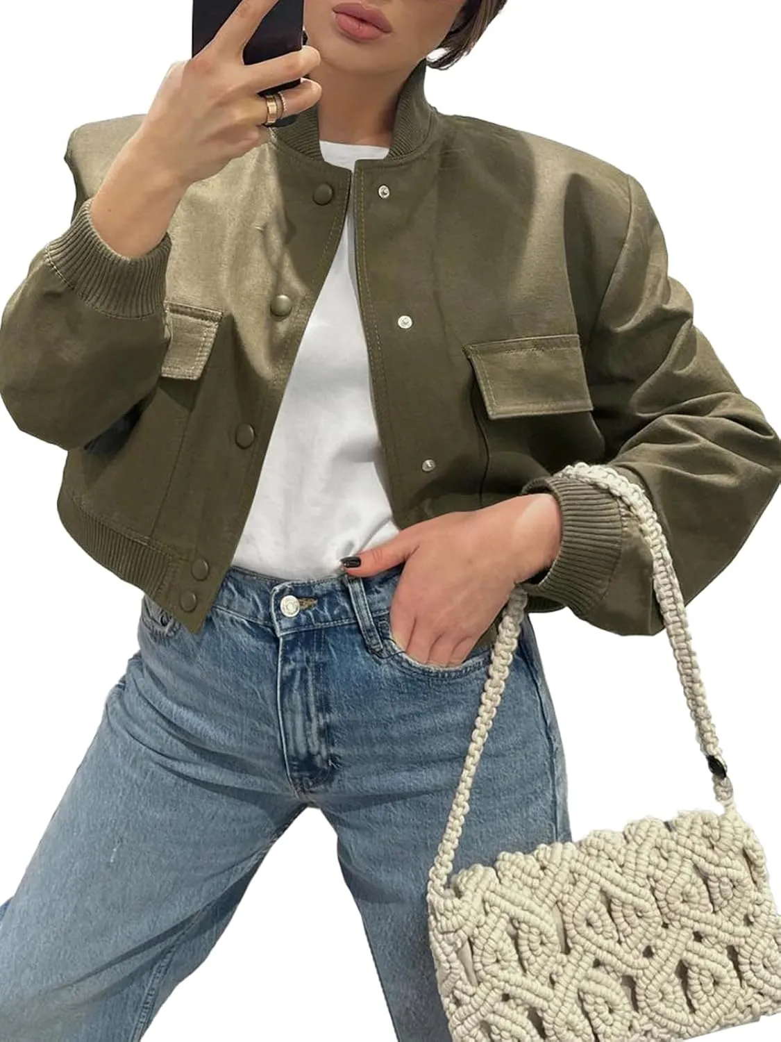 Fisoew Womens Cropped Bomber Jackets Casual Button Down Long Sleeve Stand Collar Coats with Pockets