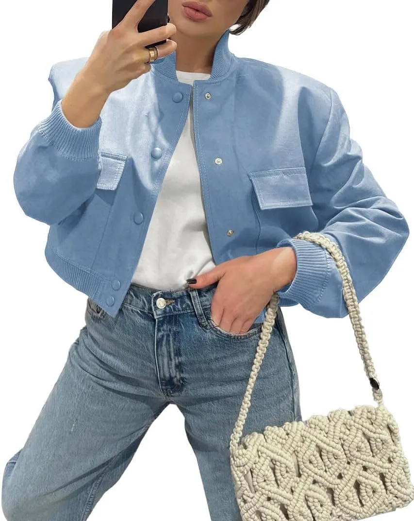 Fisoew Womens Cropped Bomber Jackets Casual Button Down Long Sleeve Stand Collar Coats with Pockets