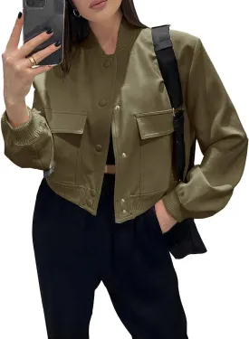 Fisoew Womens Cropped Bomber Jackets Casual Button Down Long Sleeve Stand Collar Coats with Pockets