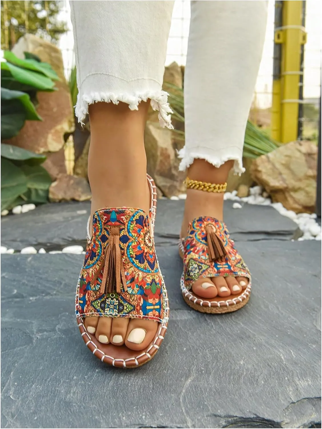GORGLITTER Women's Rainbow Colorful Summer Flat Sandals 2025 Boho Beach Vacation Slides Shoes