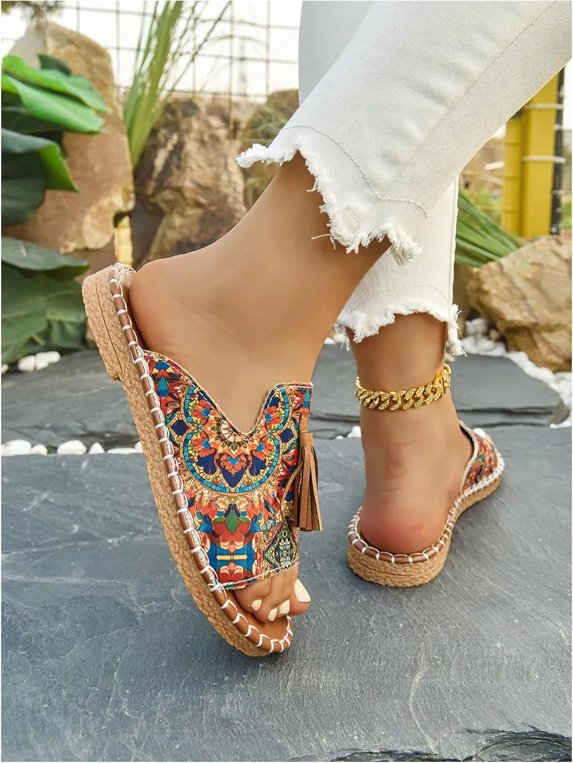 GORGLITTER Women's Rainbow Colorful Summer Flat Sandals 2025 Boho Beach Vacation Slides Shoes