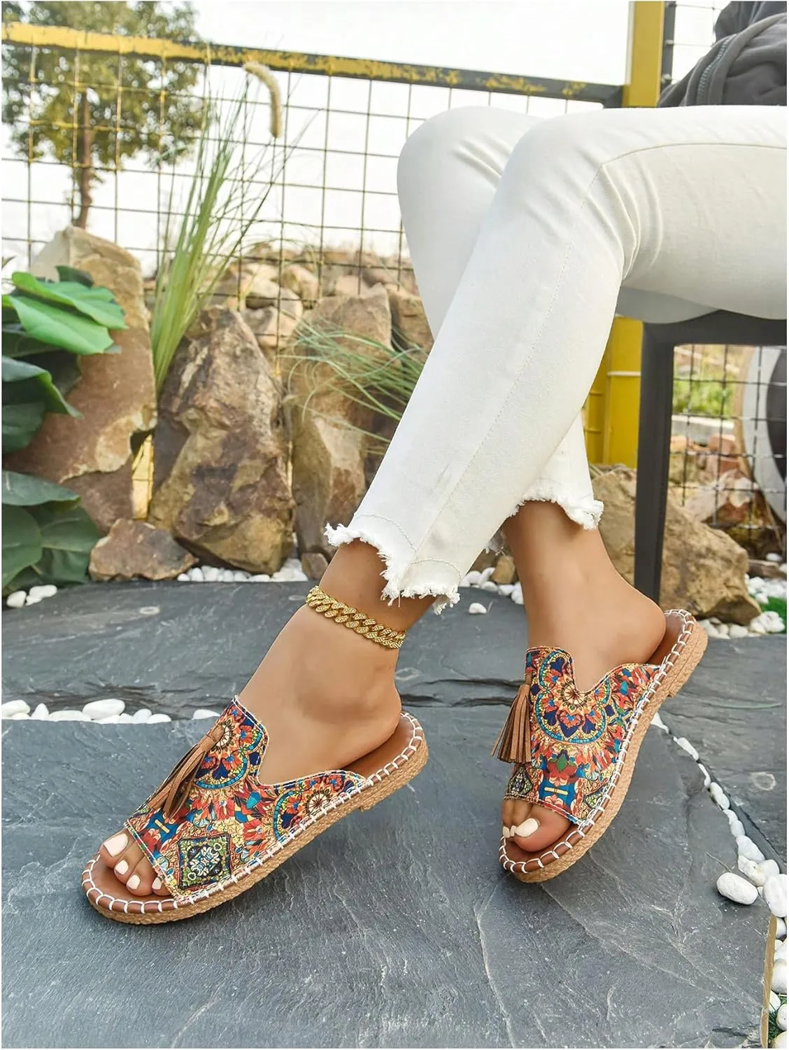 GORGLITTER Women's Rainbow Colorful Summer Flat Sandals 2025 Boho Beach Vacation Slides Shoes