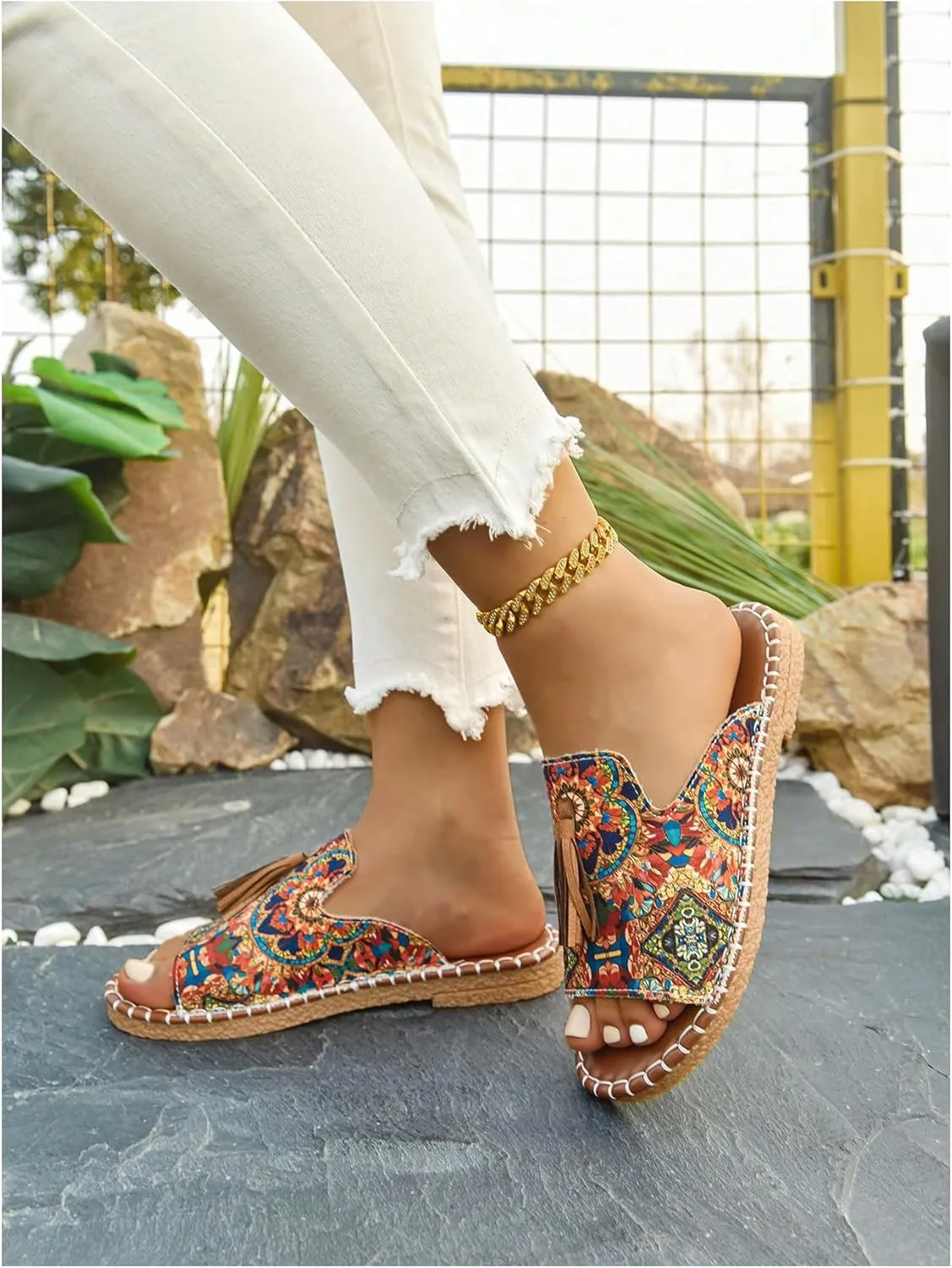GORGLITTER Women's Rainbow Colorful Summer Flat Sandals 2025 Boho Beach Vacation Slides Shoes