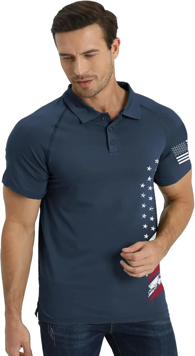 H HYFOL Short Sleeve Polo Shirts for Men Graphic Stretch Casual American Patriotic Raglan Golf Polos for Men