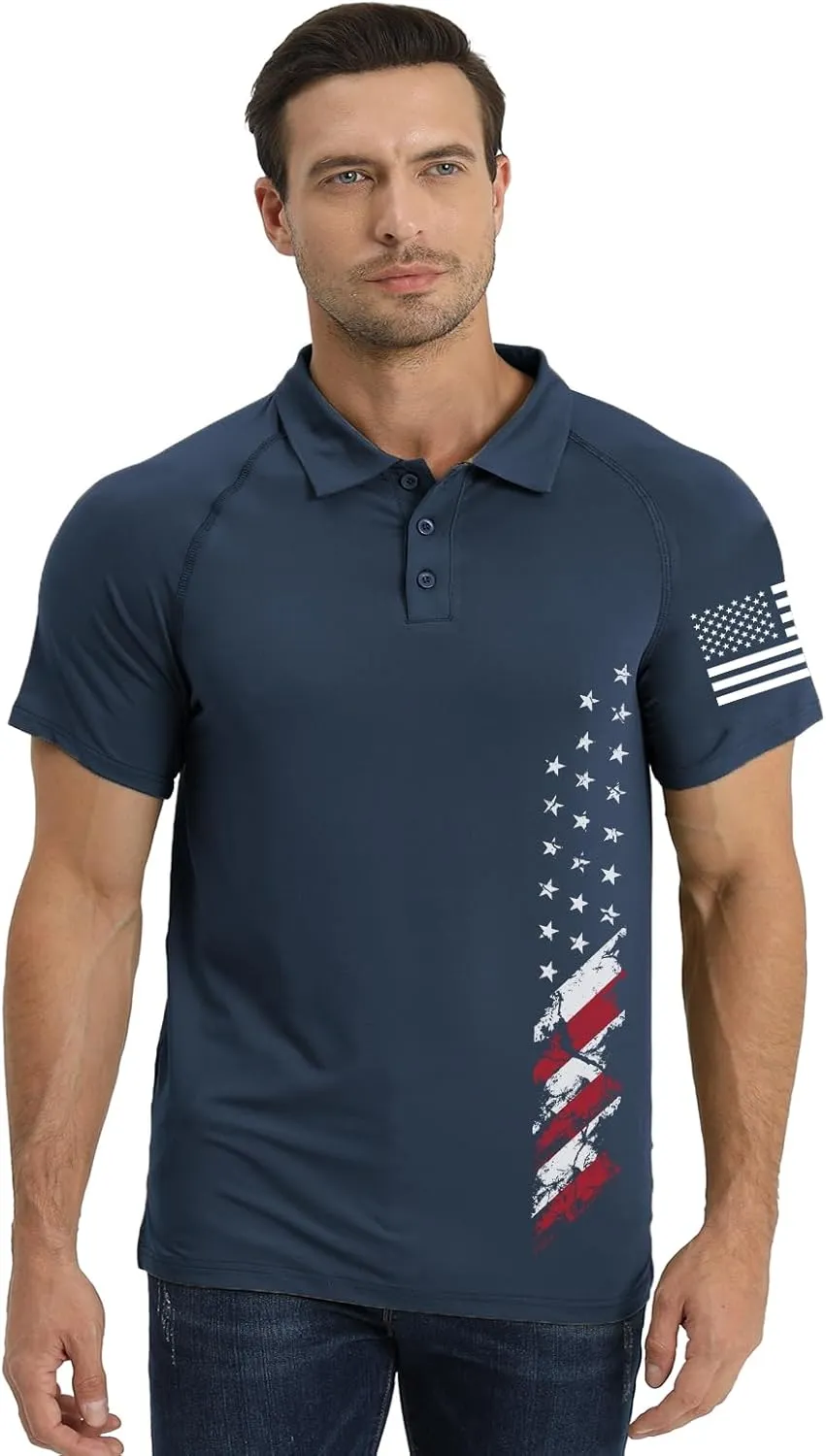 H HYFOL Short Sleeve Polo Shirts for Men Graphic Stretch Casual American Patriotic Raglan Golf Polos for Men