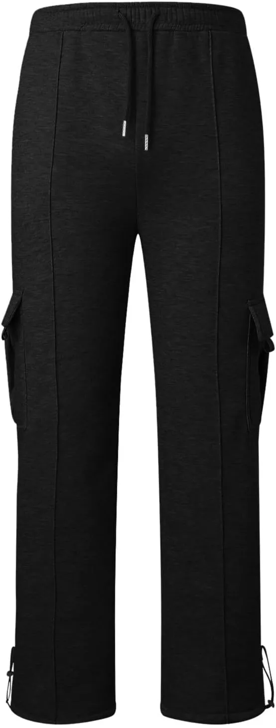 Heavyweight Cargo Sweatpants for Men Casual Fleece Jogger Sports Hiking Pants Drawstring Trousers with Pockets