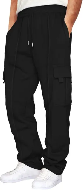 Heavyweight Cargo Sweatpants for Men Casual Fleece Jogger Sports Hiking Pants Drawstring Trousers with Pockets