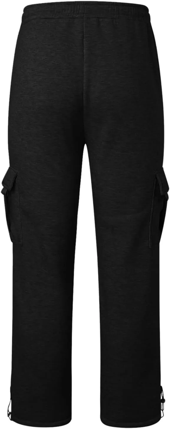 Heavyweight Cargo Sweatpants for Men Casual Fleece Jogger Sports Hiking Pants Drawstring Trousers with Pockets