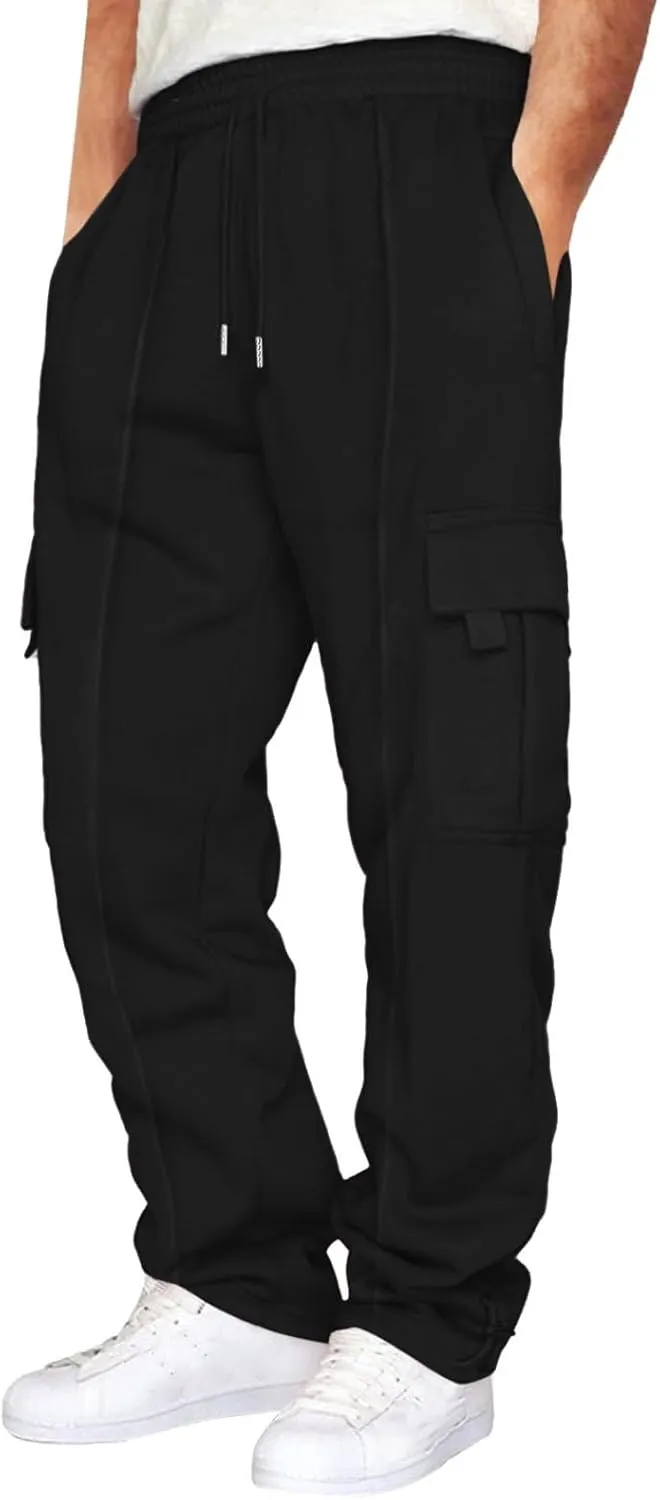 Heavyweight Cargo Sweatpants for Men Casual Fleece Jogger Sports Hiking Pants Drawstring Trousers with Pockets