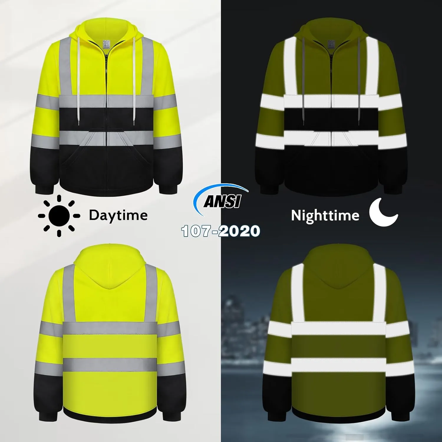 High Visibility Hoodie, Hi Vis Hoodie for Men Women, Class 3 Reflective Sweatshirts with Zipper, Safety Jackets with Black Bottom for Construction, Yellow, L
