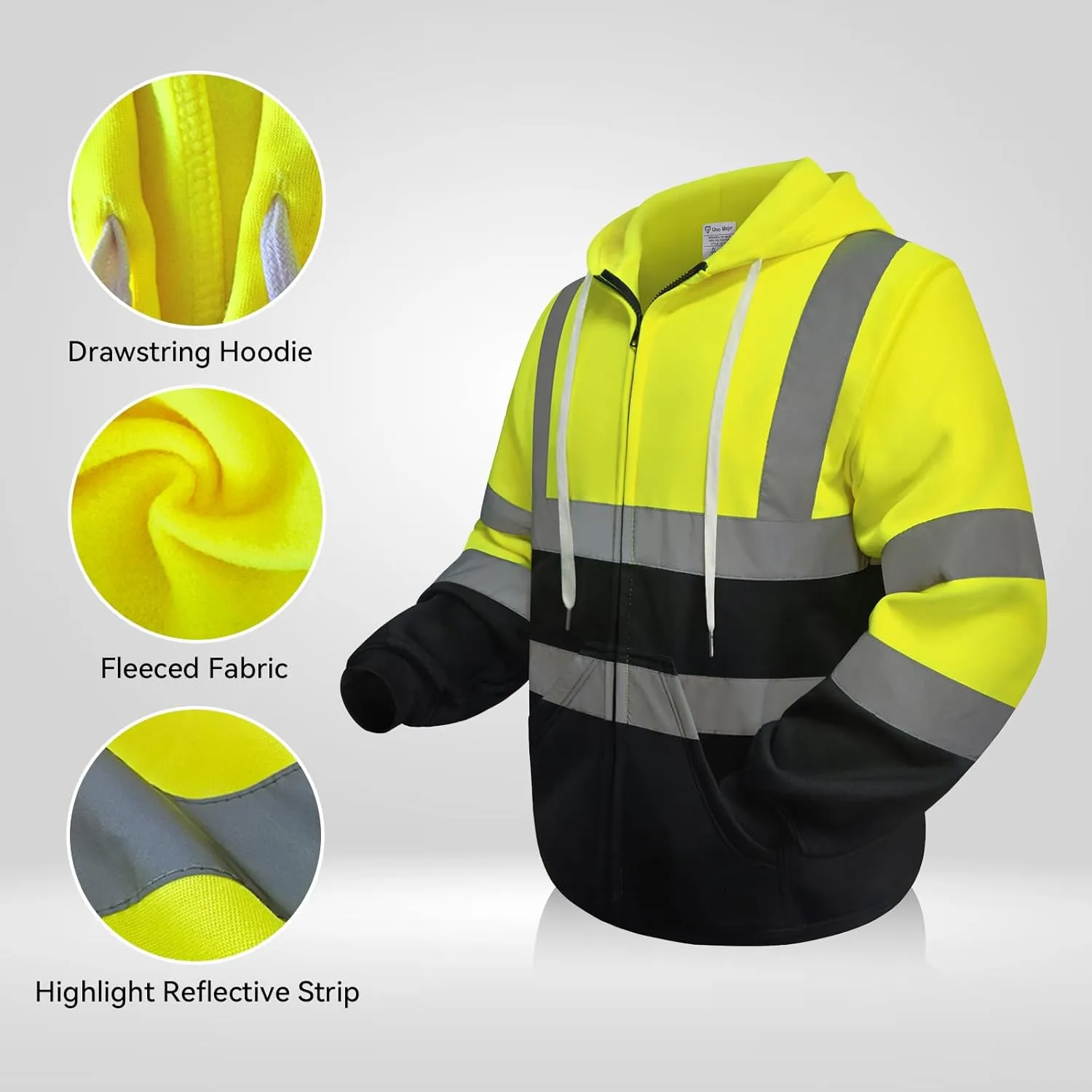 High Visibility Hoodie, Hi Vis Hoodie for Men Women, Class 3 Reflective Sweatshirts with Zipper, Safety Jackets with Black Bottom for Construction, Yellow, L