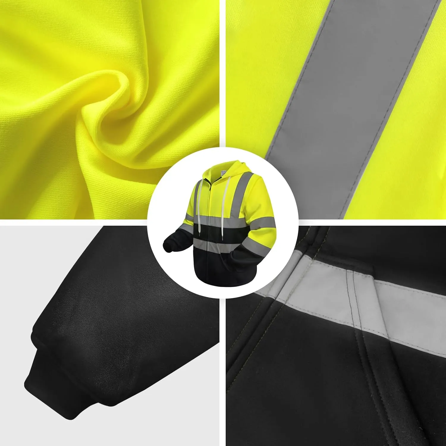 High Visibility Hoodie, Hi Vis Hoodie for Men Women, Class 3 Reflective Sweatshirts with Zipper, Safety Jackets with Black Bottom for Construction, Yellow, L