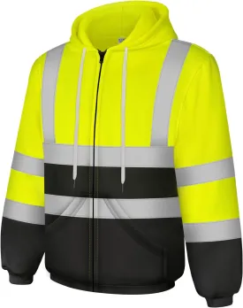 High Visibility Hoodie, Hi Vis Hoodie for Men Women, Class 3 Reflective Sweatshirts with Zipper, Safety Jackets with Black Bottom for Construction, Yellow, L