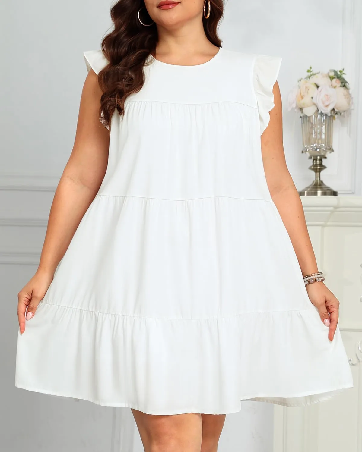 Holipick Women's Plus Size Summer Dresses Casual Short Dress Babydoll Ruffle Sleeve Swing Flowy Sleeveless Tunic Dress