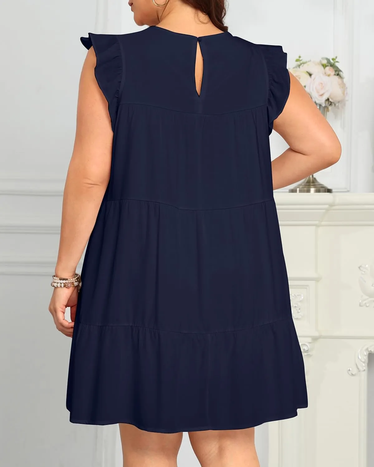 Holipick Women's Plus Size Summer Dresses Casual Short Dress Babydoll Ruffle Sleeve Swing Flowy Sleeveless Tunic Dress