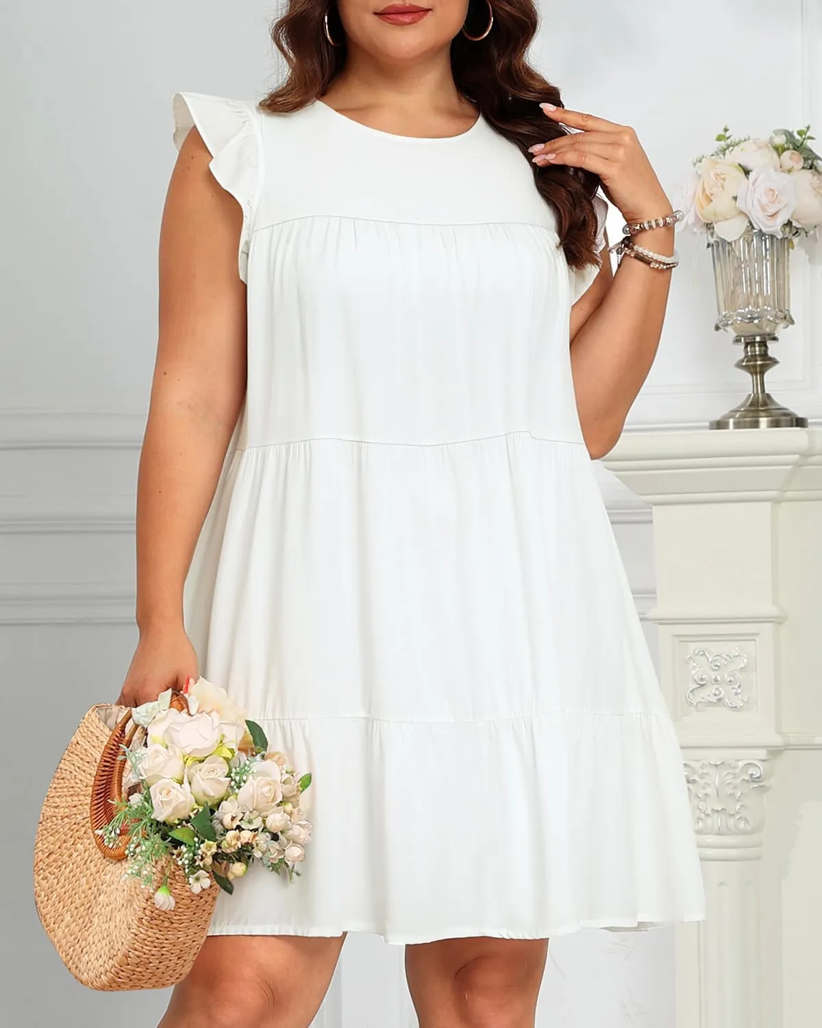 Holipick Women's Plus Size Summer Dresses Casual Short Dress Babydoll Ruffle Sleeve Swing Flowy Sleeveless Tunic Dress