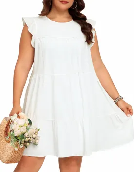 Holipick Women's Plus Size Summer Dresses Casual Short Dress Babydoll Ruffle Sleeve Swing Flowy Sleeveless Tunic Dress