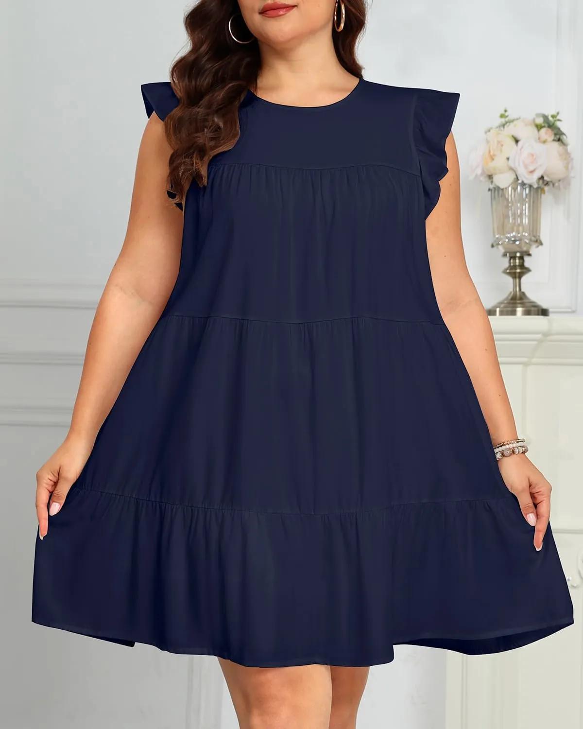 Holipick Women's Plus Size Summer Dresses Casual Short Dress Babydoll Ruffle Sleeve Swing Flowy Sleeveless Tunic Dress