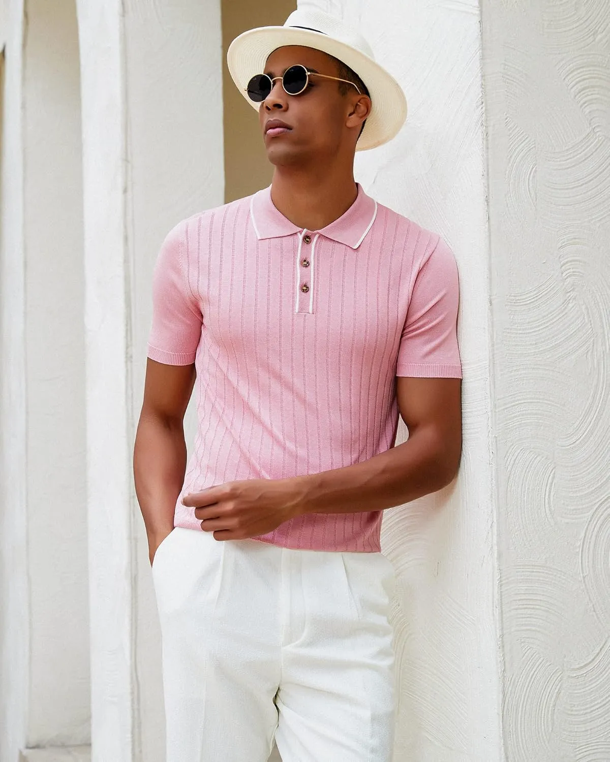 Kallspin Men's Vintage Knitted Polo Shirt Short Sleeve Solid Collared Golf Shirts with Button