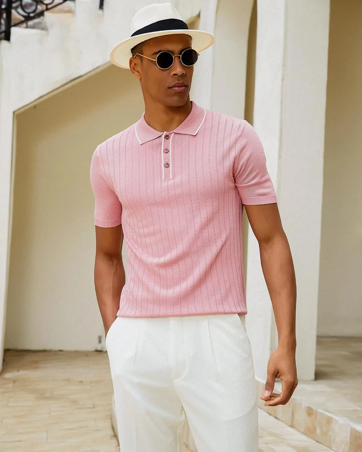 Kallspin Men's Vintage Knitted Polo Shirt Short Sleeve Solid Collared Golf Shirts with Button