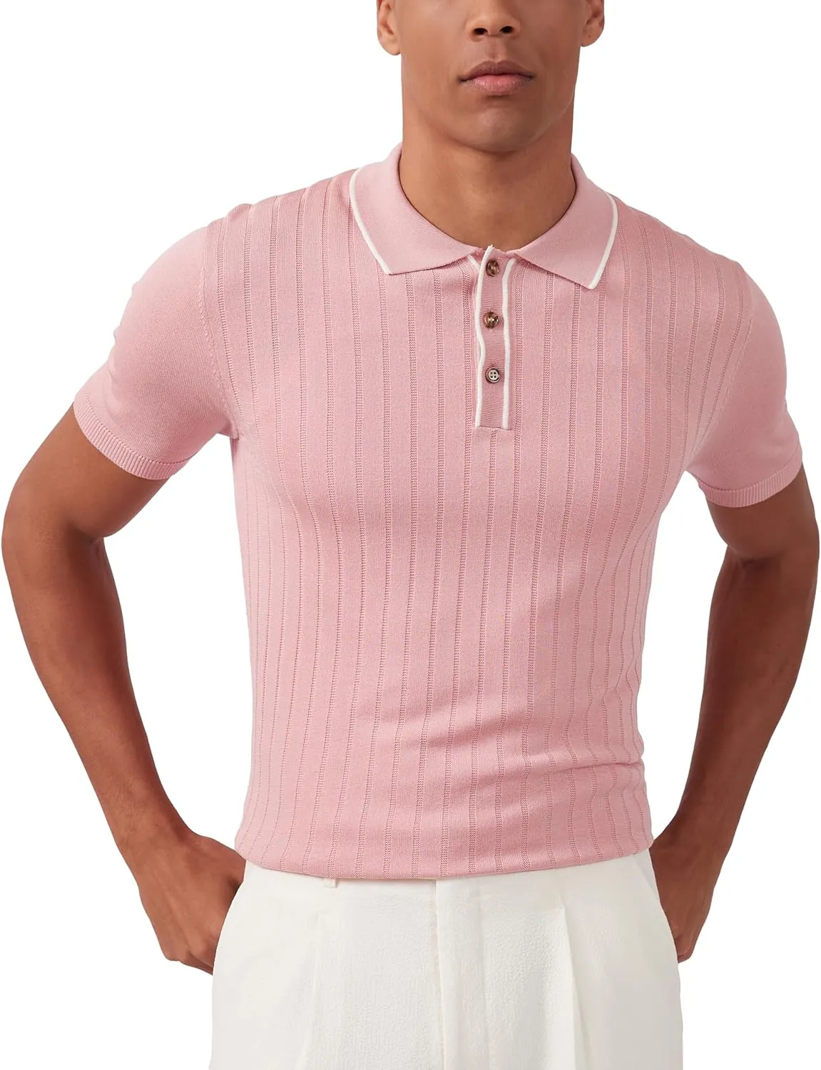 Kallspin Men's Vintage Knitted Polo Shirt Short Sleeve Solid Collared Golf Shirts with Button