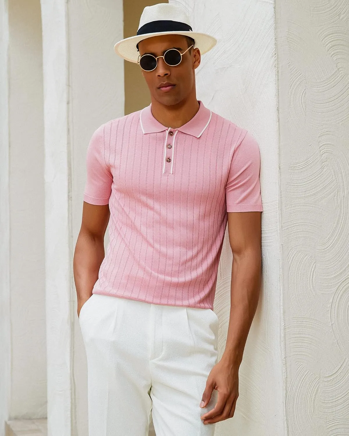 Kallspin Men's Vintage Knitted Polo Shirt Short Sleeve Solid Collared Golf Shirts with Button