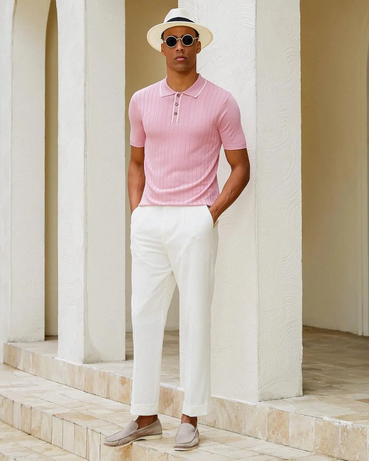 Kallspin Men's Vintage Knitted Polo Shirt Short Sleeve Solid Collared Golf Shirts with Button