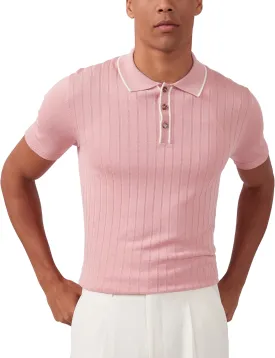 Kallspin Men's Vintage Knitted Polo Shirt Short Sleeve Solid Collared Golf Shirts with Button
