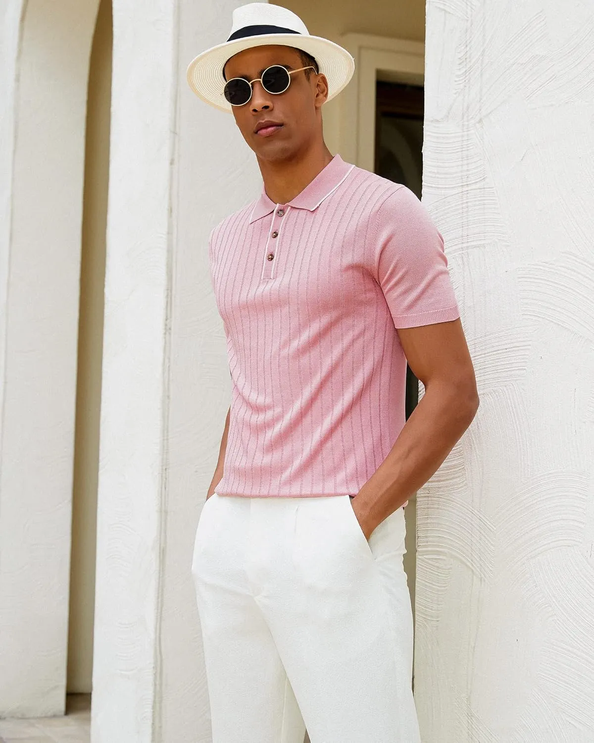 Kallspin Men's Vintage Knitted Polo Shirt Short Sleeve Solid Collared Golf Shirts with Button