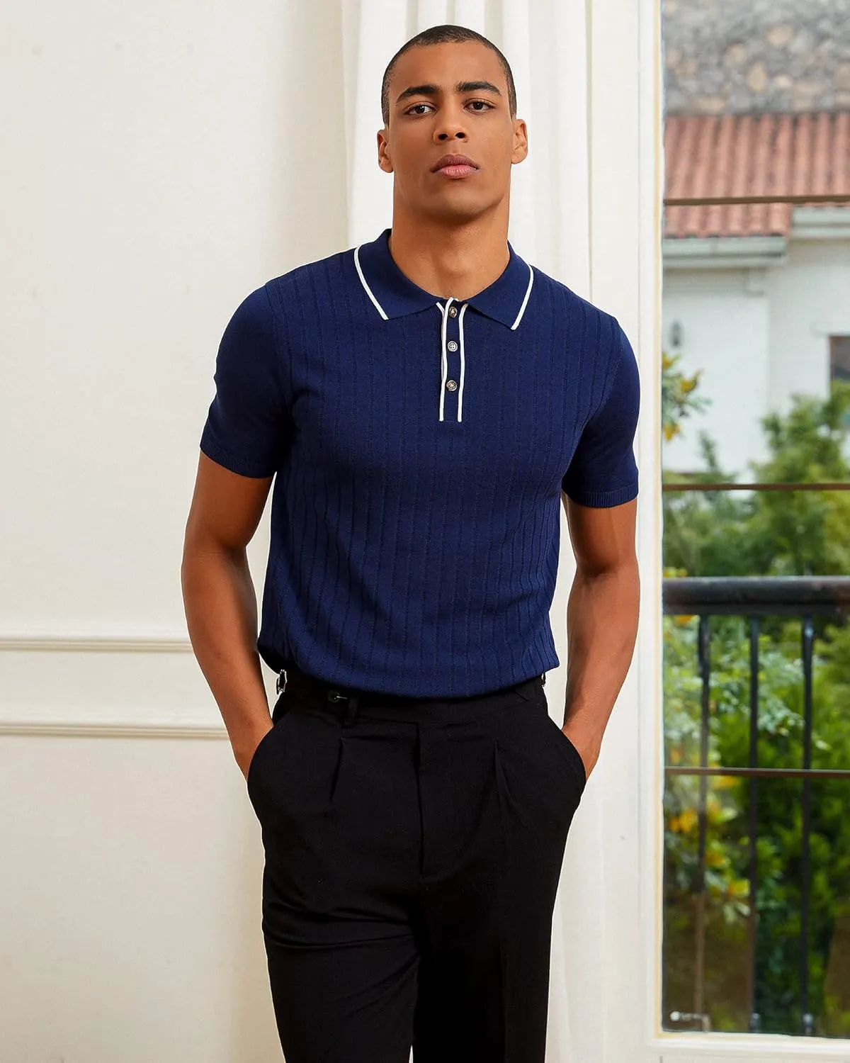 Kallspin Men's Vintage Knitted Polo Shirt Short Sleeve Solid Collared Golf Shirts with Button