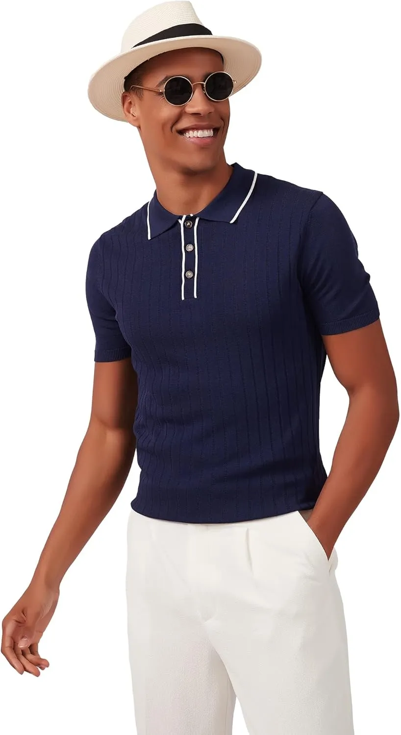 Kallspin Men's Vintage Knitted Polo Shirt Short Sleeve Solid Collared Golf Shirts with Button
