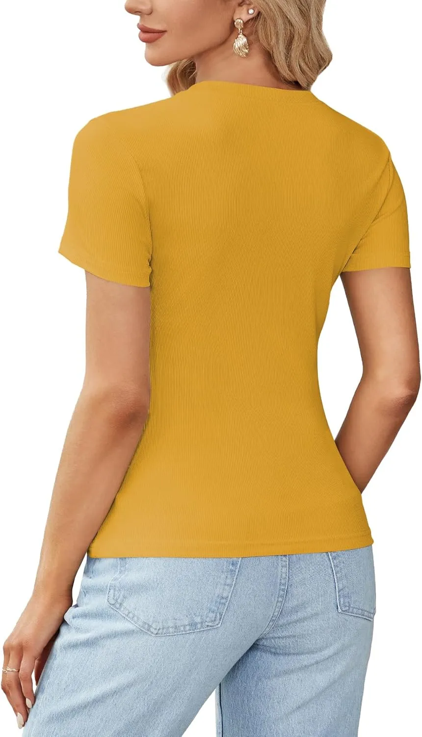 LYANER Women's Ribbed Knit Round Neck Short Sleeve Slim Fit Basic T-Shirt Tee Top