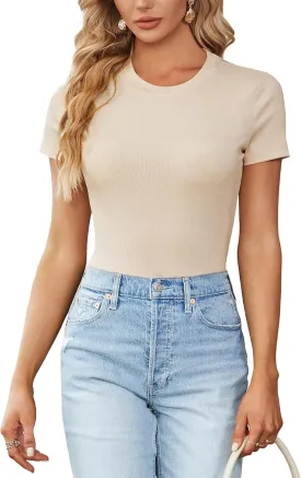 LYANER Women's Ribbed Knit Round Neck Short Sleeve Slim Fit Basic T-Shirt Tee Top