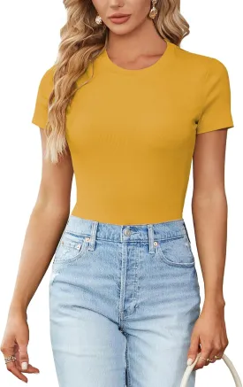 LYANER Women's Ribbed Knit Round Neck Short Sleeve Slim Fit Basic T-Shirt Tee Top