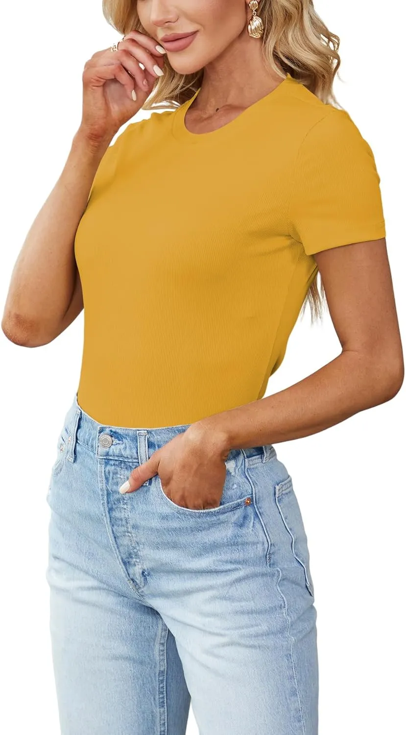 LYANER Women's Ribbed Knit Round Neck Short Sleeve Slim Fit Basic T-Shirt Tee Top