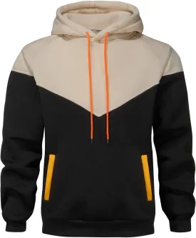 Mens Hoodies Patchwork Pullover Fleece Color Block Long Sleeve Sweatshirts Casual Tops with Pocket