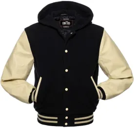 Mens Varsity Jackets Baseball Letterman Wool Body Genuine Leather Sleeves Bomber Jacket with Hood
