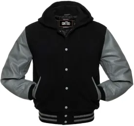 Mens Varsity Jackets Baseball Letterman Wool Body Genuine Leather Sleeves Bomber Jacket with Hood