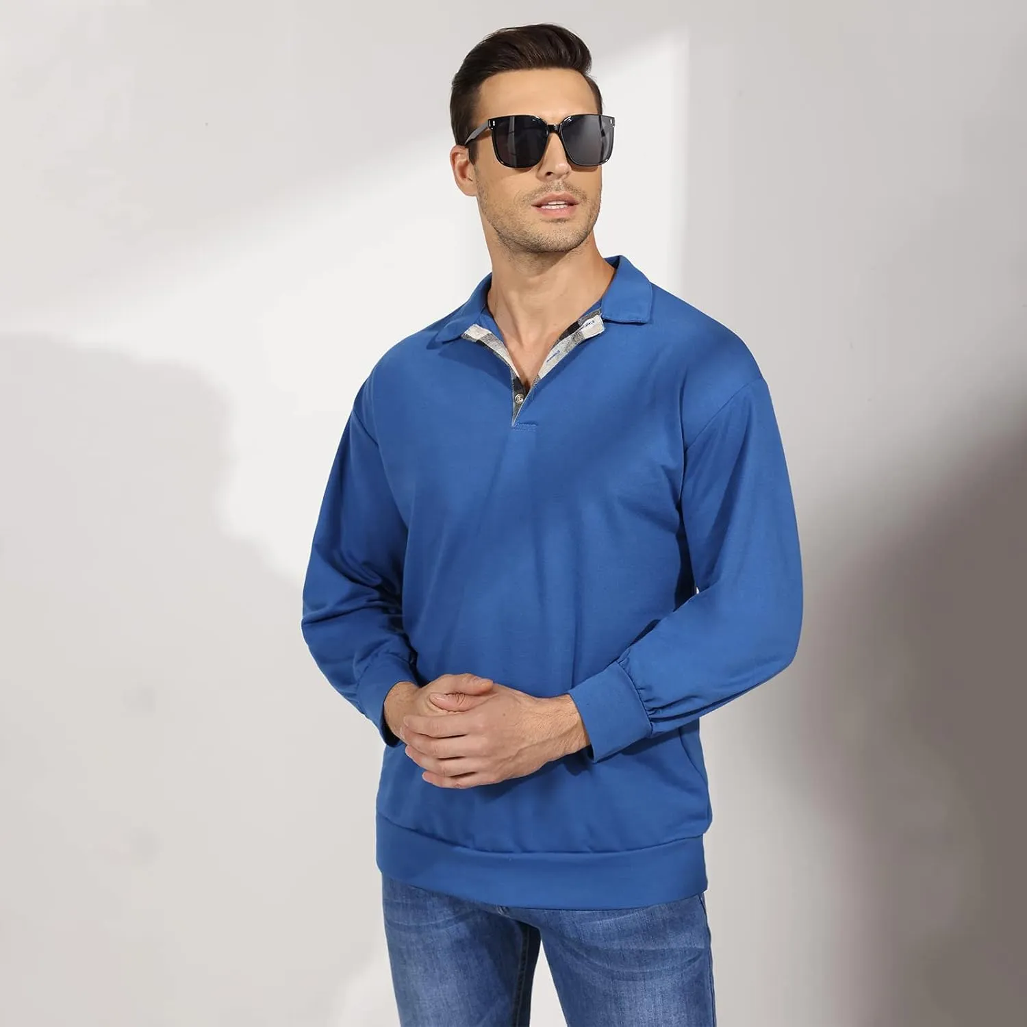 Opomelo Men's Long Sleeve Pullover Polo Shirts-Casual Loose Fit Sweatshirts V Neck Tops