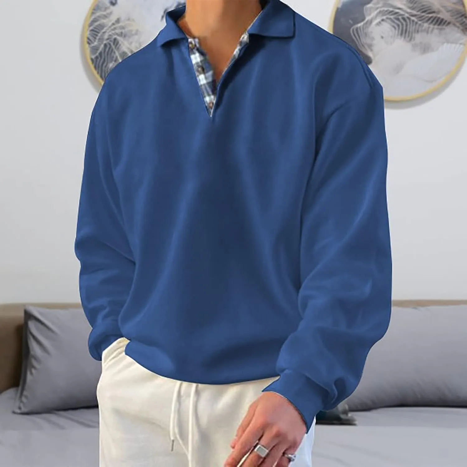 Opomelo Men's Long Sleeve Pullover Polo Shirts-Casual Loose Fit Sweatshirts V Neck Tops