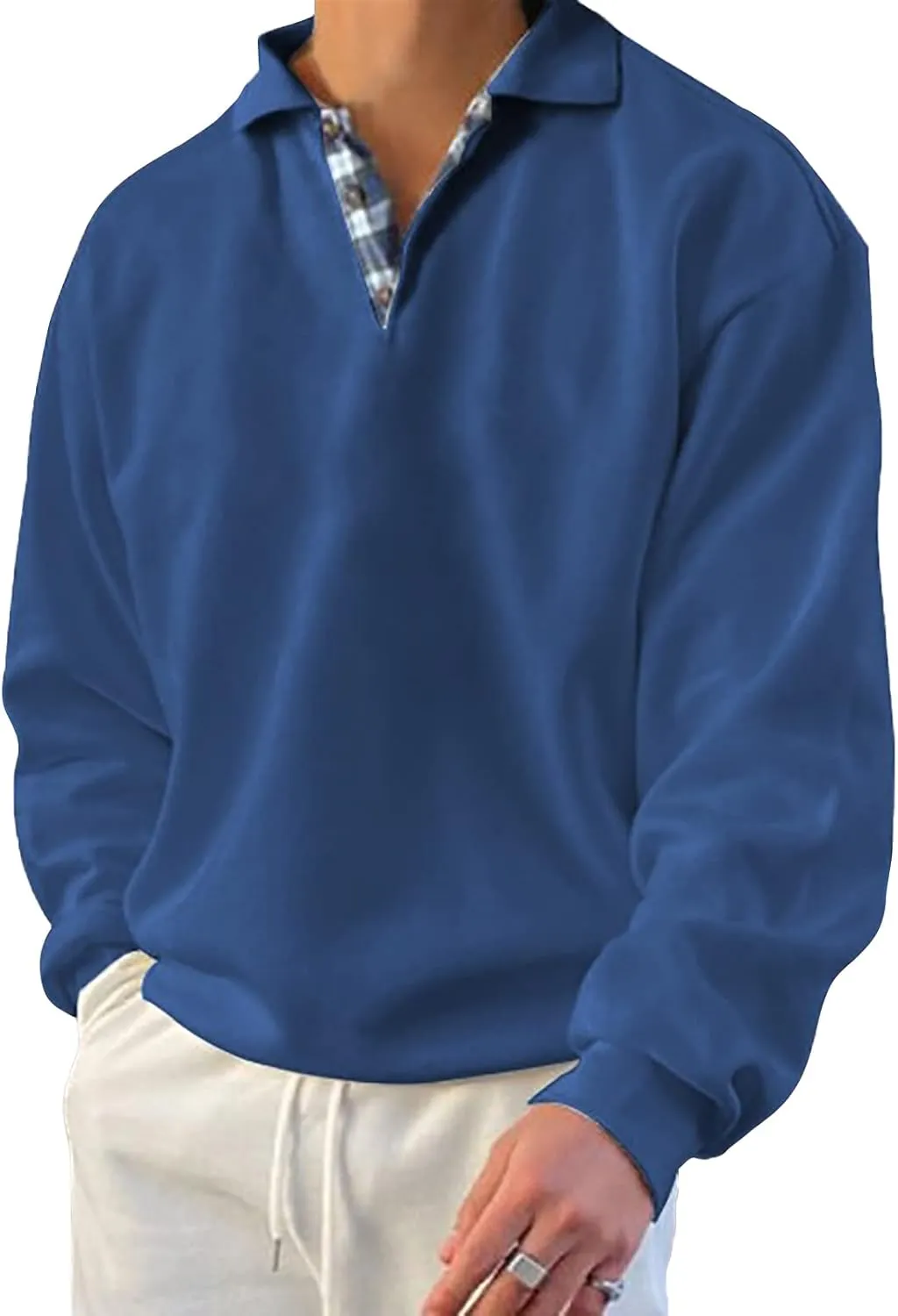 Opomelo Men's Long Sleeve Pullover Polo Shirts-Casual Loose Fit Sweatshirts V Neck Tops