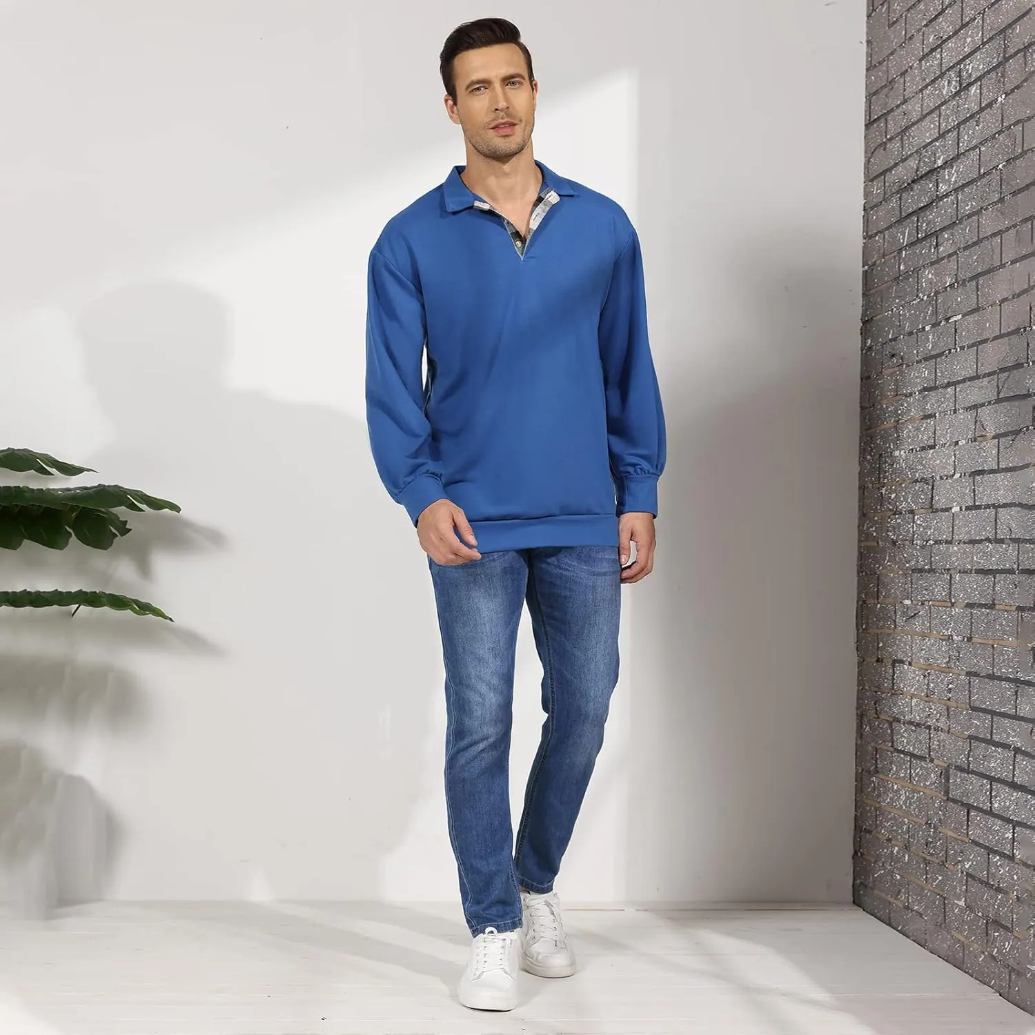 Opomelo Men's Long Sleeve Pullover Polo Shirts-Casual Loose Fit Sweatshirts V Neck Tops